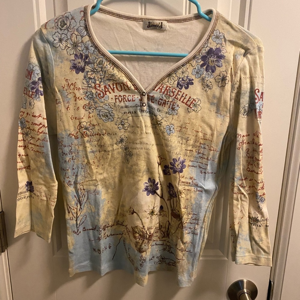 Jamee J Large Top Vintage Rhinestone 3/4 Sleeve Shirt Lg Blouse L Juniors